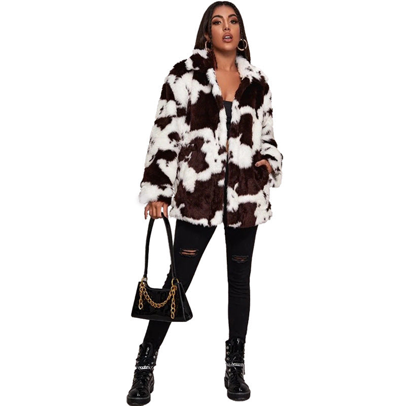 Stella™ | White Cow Pattern Midi Faux Fur Jacket