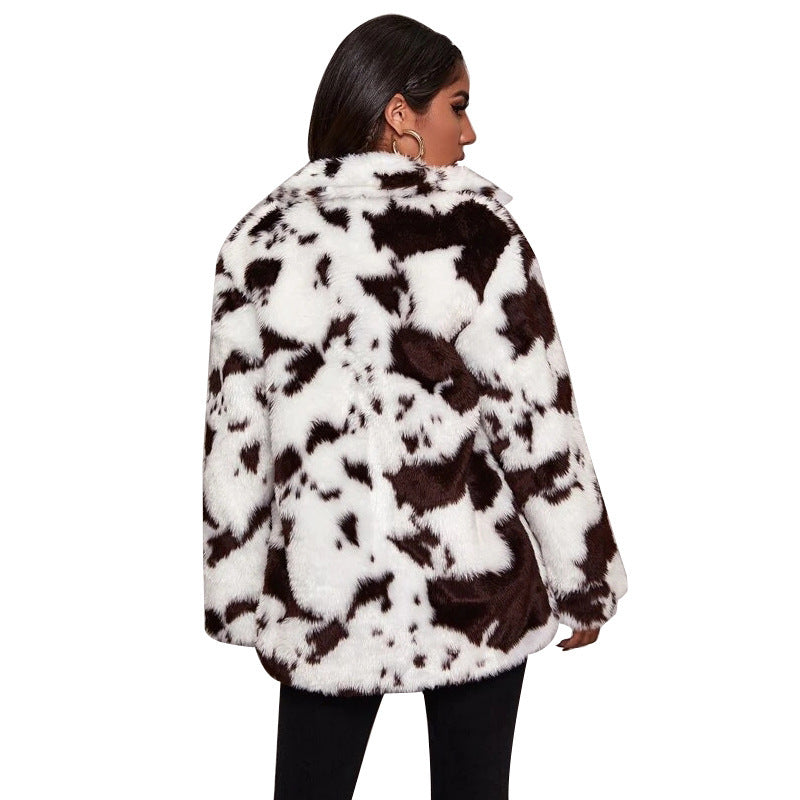 Stella™ | White Cow Pattern Midi Faux Fur Jacket