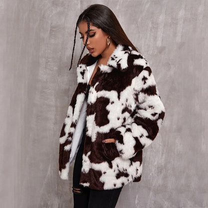 Stella™ | White Cow Pattern Midi Faux Fur Jacket