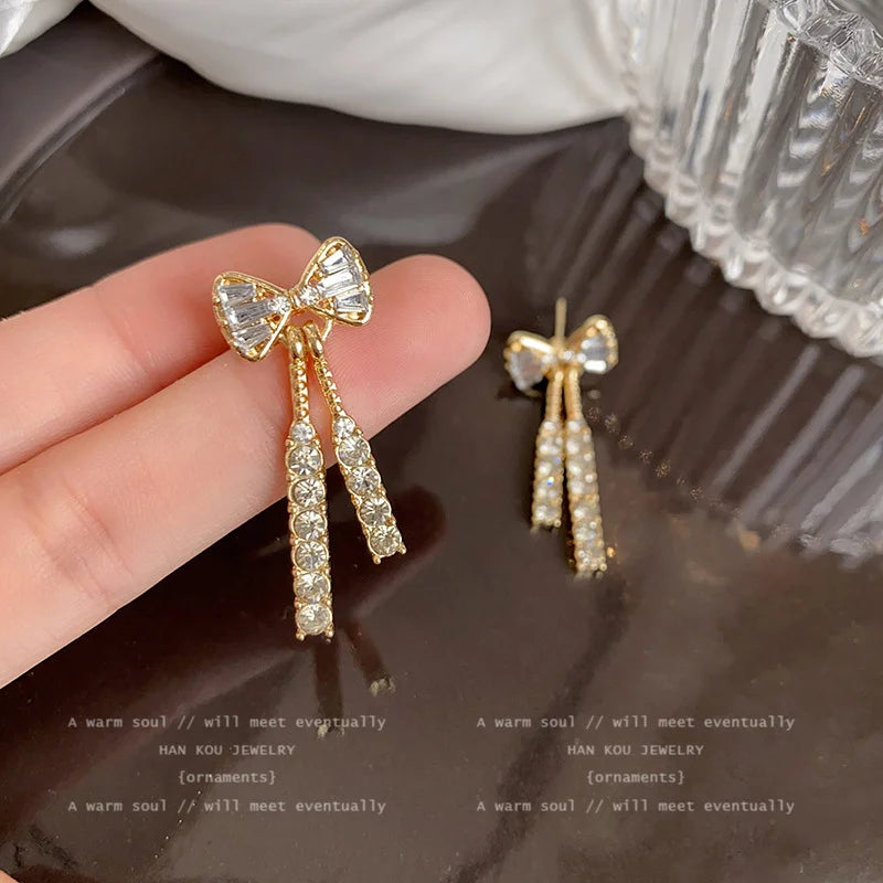 Elena™ | Gold Bow Tassel Earrings with Rhinestones