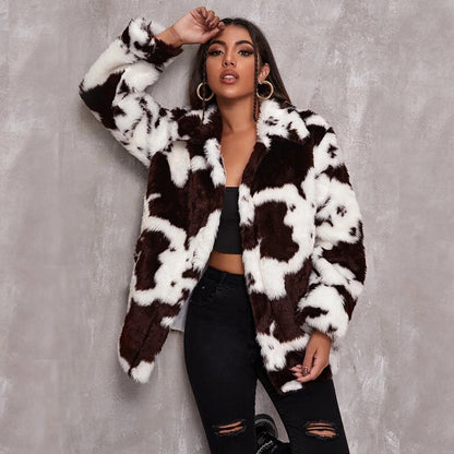 Stella™ | White Cow Pattern Midi Faux Fur Jacket