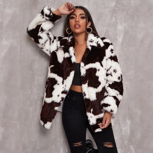 Stella™ | White Cow Pattern Midi Faux Fur Jacket