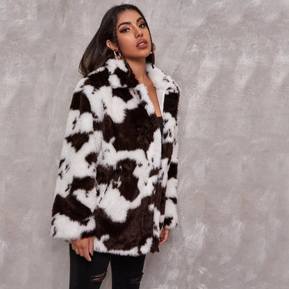 Stella™ | White Cow Pattern Midi Faux Fur Jacket